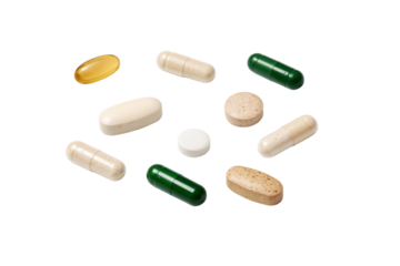 Different types of pills and supplements placed on a white surface in a random pattern