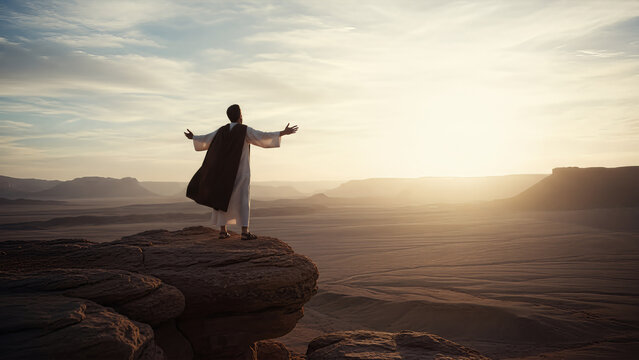 Biblical figure in white robes standing on a rocky cliff with arms wide open overlooking a vast desert canyon at sunrise.