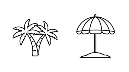 Simple black and white illustration of a palm tree and beach umbrella