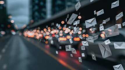 A digital swarm of envelopes surges over a bustling cityscape, embodying modern communication in a visually striking way.
