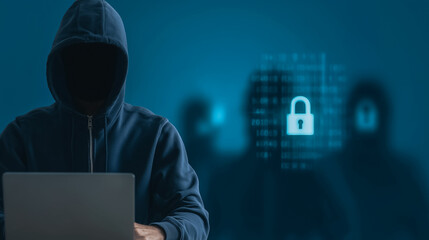 A hooded figure engaged in cybersecurity threats, emphasizing data protection in a digital age. The image conveys the importance of safeguarding information from cyber threats. 