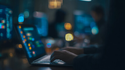 In a dimly lit workspace, a developer intently types on a laptop, surrounded by the glow of computer screens, and coding lines, capturing the essence of digital work. 