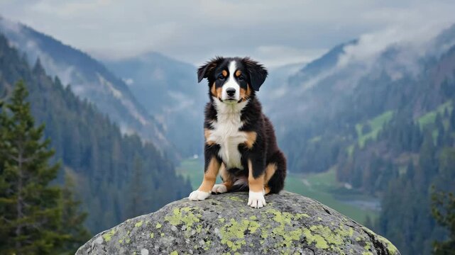 Bernese Mountain Dog Puppy on Mountain Peak, Bernese Mountain Dog Puppy Outdoor Portrait, Bernese Mountain Dog Puppy Nature Landscape