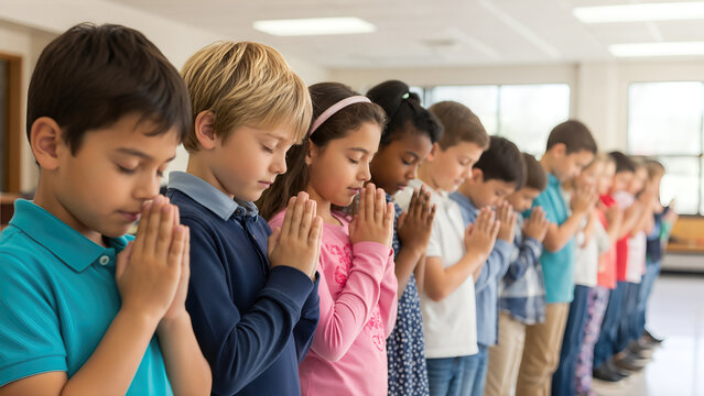 Multicultural Children Standing in a Line Praying with Clasping Hands and Closed Eyes, Representing Faith, Religion, and Unity in Education