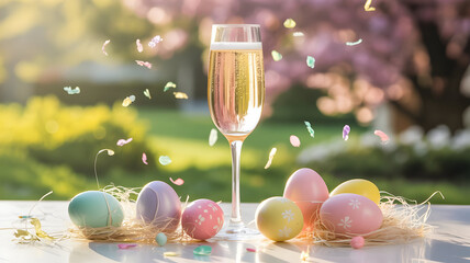 Easter celebration with champagne and decorated eggs