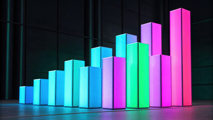 Abstract neon cubes forming rising bars in vibrant blue, green, and pink colors, modern geometric design, futuristic mood