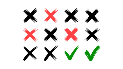 Obraz premium Checkmarks and X marks in various colors and brush strokes on white background for voting and decision making