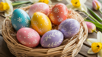 Colorful easter eggs in a wicker basket with flowers