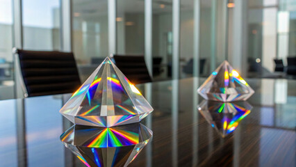 Crystal prisms reflecting colorful light patterns on modern conference table in bright office environment