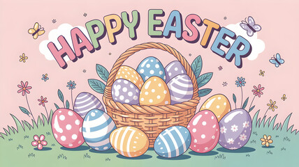 Easter eggs in a basket with happy easter greeting