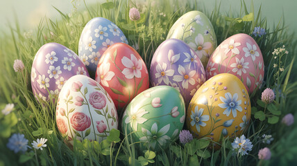 Colorful easter eggs in a floral meadow