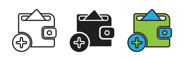 Obraz premium Versatile wallet icon set featuring line, glyph, and flat color styles with a plus sign for digital payment or savings