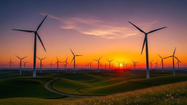 Wind Turbine Farm at Sunset Representing Renewable Energy and Sustainable Power Generation” - Powered by Adobe