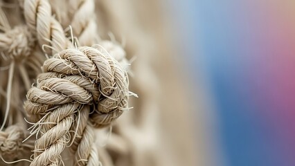 Close-up of a secure knot on a sturdy rope with a blurred colorful background