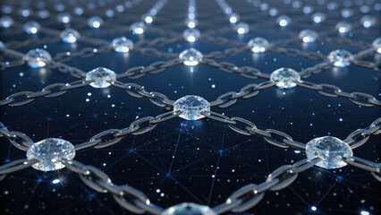 Floating crystals connect in geometric chain network, sparkling on dark background, symbolizing futuristic technology
