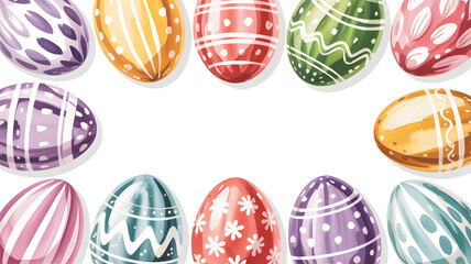 Colorful easter eggs with white designs on white background