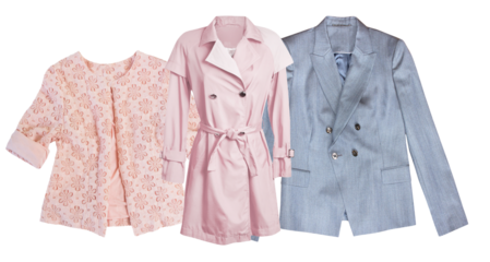 collection of stylish women's outerwear including a peach floral jacket, a light pink trench coat, and a soft blue business blazer on display