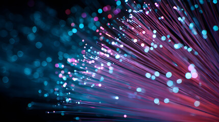 Fiber optic cable close up with glowing blue and pink light bokeh, futuristic data transmission visual