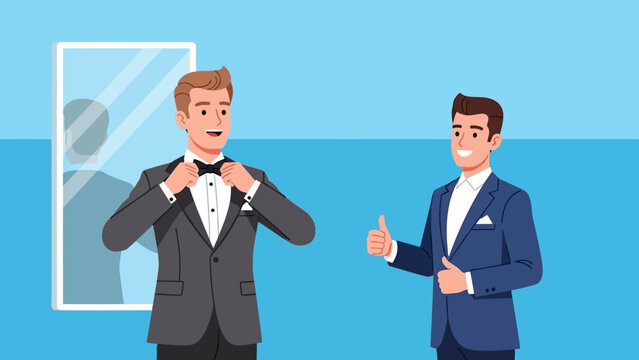 Two businessmen in tailored suits adjusting ties and conversing outdoors with a sea view backdrop.