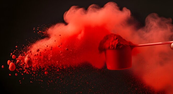 Dynamic explosion of red fitness supplement powder captured in a measuring scoop.