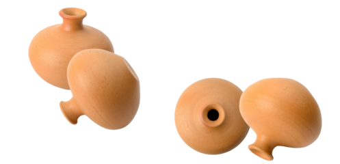 creative photograph showcasing an arrangement of small terracotta pots, each displayed at different angles against a stark transparent background for visual appeal.