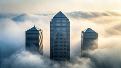 Skyscraper fog city sunrise modern architecture cloud business finance urban dramatic skyline with skyscraper emerging from thick fog at sunrise