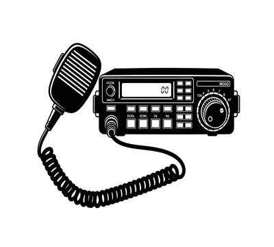 A detailed black and white illustration of a vintage handheld radio with a connected microphone