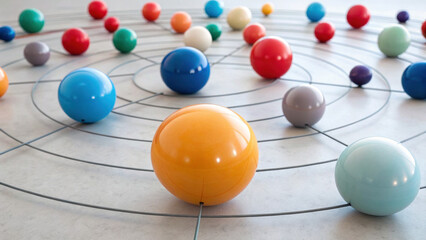 Colorful gradient spheres orbiting numeric nodes on concentric circles, abstract geometric pattern, playful and modern design