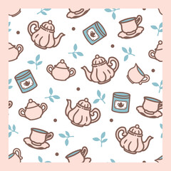 Sweet Vintage Cozy Tea Time Cute Crockery Pattern. Perfect for kitchen decor, tea packaging, cafe branding, textile, and wallpaper design. Cozy tea time pattern for drink lovers.