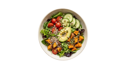 Fresh salad with vegetables and seeds in a white bowl on a plain background during daytime