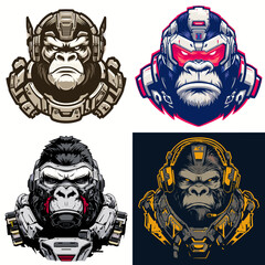Stylized gorilla head illustrations with futuristic armor and bold colors designed for gaming mascots esports branding avatars and modern digital identity projects.