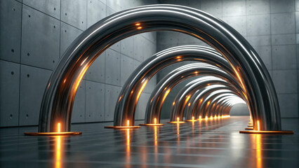 Shiny metal arcs with glowing orange lights create futuristic, industrial tunnel in modern interior, evoking innovation and progress