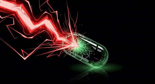 Dynamic illustration of a glowing green capsule being struck by red lightning energy.
