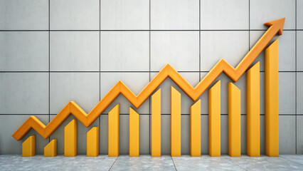 Yellow arrow graph rising on tiled wall, symbolizing business growth, financial success, and positive sales trend in modern office
