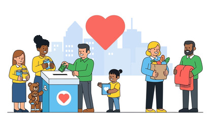 Community charity fundraiser with volunteers distributing aid to families and children at a heart themed outdoor event.