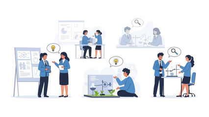 Collaborative team workshop in a modern office featuring presentations, brainstorming, and group discussions.