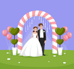 A joyful wedding scene featuring a couple under a beautifully designed arch with pink and white stripes, surrounded by heart-shaped trees and balloons, perfect for celebration themes.