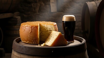 Aged Cheese Wheel and Dark Beer in a Rustic Cellar Setting cheddar dairy