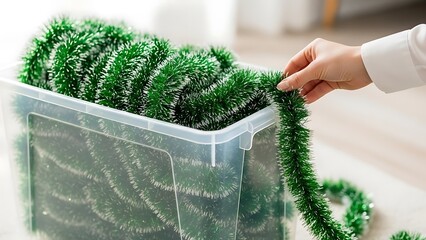 Hand Reaching for Green Tinsel Garland in a Storage Bin 