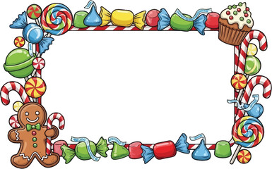Obraz premium Colorful candy-themed frame with gingerbread man, lollipops, cupcakes, and candy canes for fun Christmas and sweet celebration designs
