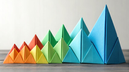 Colorful origami triangles arranged in ascending order on wooden table, representing growth, progress, and creative business metrics