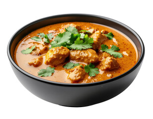 Fototapeta premium Delicious Chicken Curry with Fresh Herbs and Spices in a Black Bowl Isolated on Transparent Background