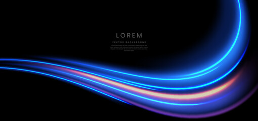 Abstract elegant glowing blue curve ray lighting effect on black background.