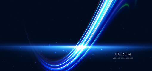 Light glowing curve on dark background. Futuristic speed movement, beams elegant, digital tech.