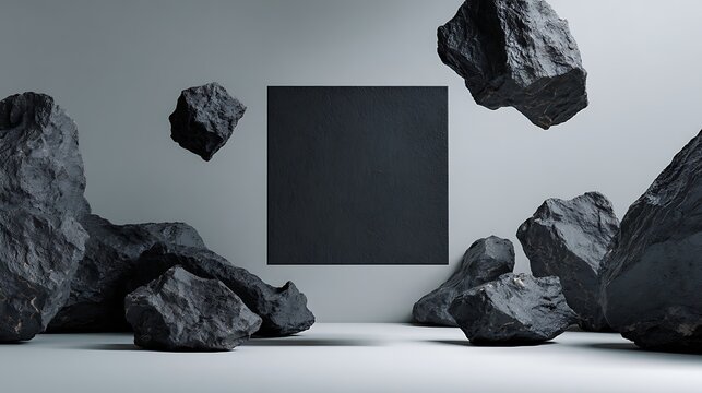 Textured black square surrounded by floating dark rocks against light gray background. Minimalist scene setup with abstract stone shapes, dark objects, creating modern, clean.