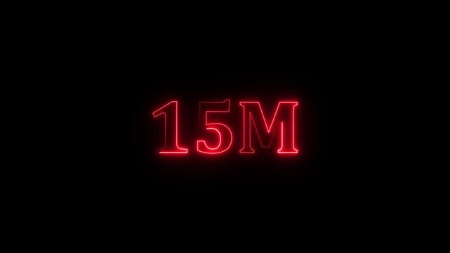 neon glowing red 15m one million text number animation, social media views counter -15m views 15M views text animation, 15m number 4k video animation 15M text animation on black background.