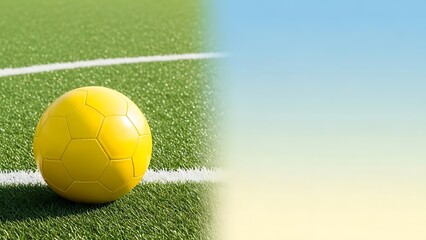 Vibrant yellow soccer ball on green turf field with white lines