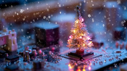 A miniaturized, illuminated holiday tree sits on a circuit board, with falling snowflakes, conveying digital festivity. The depth of field creates a blur