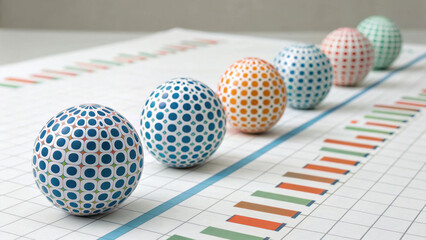 Patterned spheres align on financial chart, symbolizing data analysis, business growth, and colorful market trends