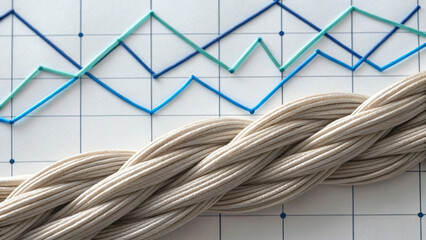 Braided soft fiber strands lay across graph with rising and falling lines, symbolizing data analysis and market trends